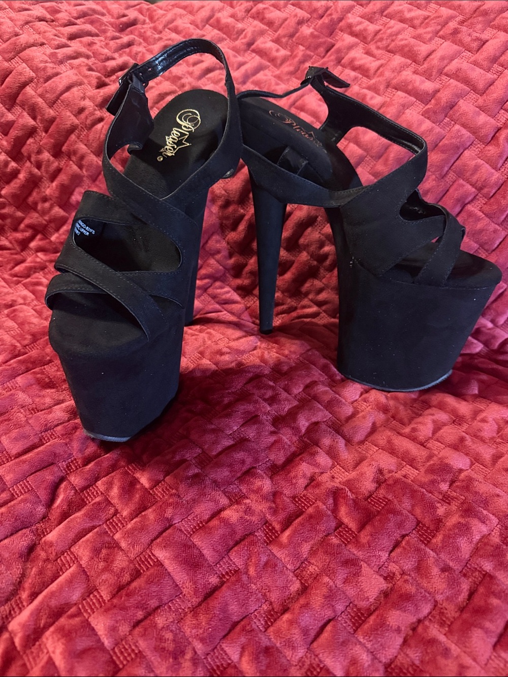 Pleaser Black Platform Stiletto Sandals with Crisscross Straps